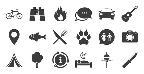 Set of Travel, Hiking and Camping icons. Information, chat bubble icon. Fishing, Biking and WC toilet signs. Tourist tent, Food and Bed symbols. Photo and Rent a car. Quality set. Vector