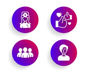 Fototapeta premium Like, Group and Oculist doctor icons simple set. Halftone dots button. Businesswoman person sign. Thumbs up, Group of users, Optometrist. Female user. People set. Classic flat like icon. Vector