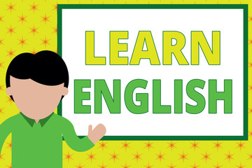 Handwriting text writing Learn English. Conceptual photo Universal Language Easy Communication and Understand Young man standing in front whiteboard pointing to project. photo Art