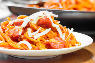 Filipino style spaghetti. Home-made sweet-style spaghetti. 