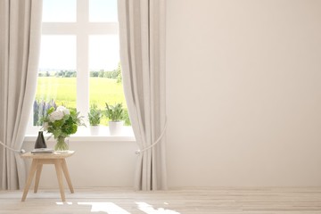 Stylish empty room in white color with summer landscape in window. Scandinavian interior design. 3D illustration