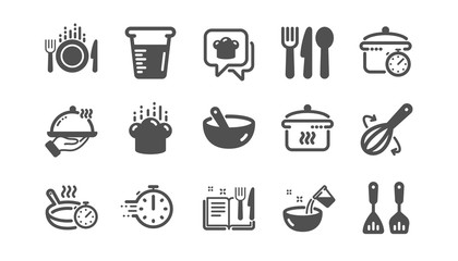 Cooking icons. Boiling time, Frying pan and Kitchen utensils. Fork, spoon and knife icons. Recipe book, chef hat and cutting board. Classic set. Quality set. Vector