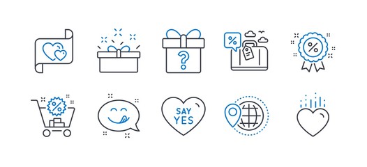 Set of Holidays icons, such as Present box, Shopping cart, Yummy smile, World travel, Say yes, Secret gift, Travel loan, Discount, Love letter, Heart line icons. Sale offer, Discount. Vector