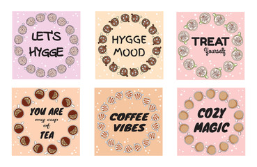 Set of tasty cozy banners with cups of coffee and tea. Hand drawn cartoon style postcards, cute wreath design