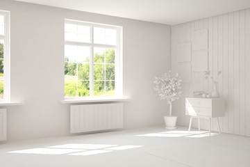 Fototapeta premium Stylish empty room in white color with summer landscape in window. Scandinavian interior design. 3D illustration