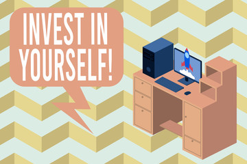Writing note showing Invest In Yourself. Business concept for nvesting in a coach or a training to learn new things Desktop station drawers personal computer launching rocket