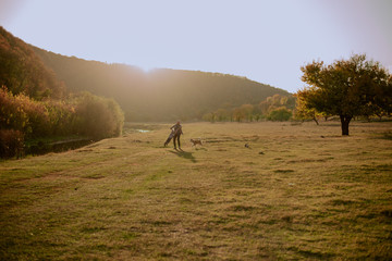 Fototapeta premium Amazing day for father and his son they playing with their beautiful husky dog in the middle of nature beside a lake