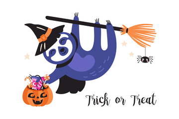 Cute sloth character Halloween holiday card. © girafchik