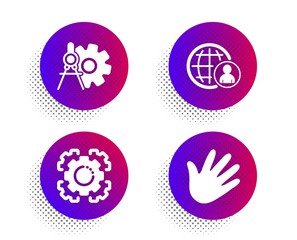Seo gear, International recruitment and Cogwheel dividers icons simple set. Halftone dots button. Hand sign. Cogwheel, World business, Settings. Swipe. Business set. Classic flat seo gear icon. Vector