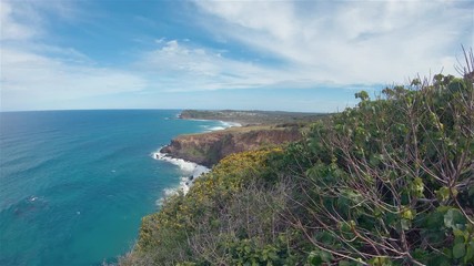 Lennox Point Headland Cliffs View. Lennox Head Coastal Beach Coastline Landscape Australia New South Wales.Blue Sea Horizon & Sunny Day Sky Over Ocean Tide Waves & Coast At Popular Holiday Destination