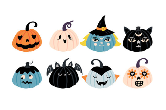 Halloween holiday cute character pumpkin set.