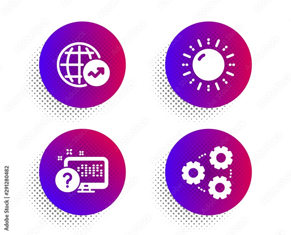 Poster sun energy, online quiz and world statistics icons simple set. halftone dots button. gears sign. sol