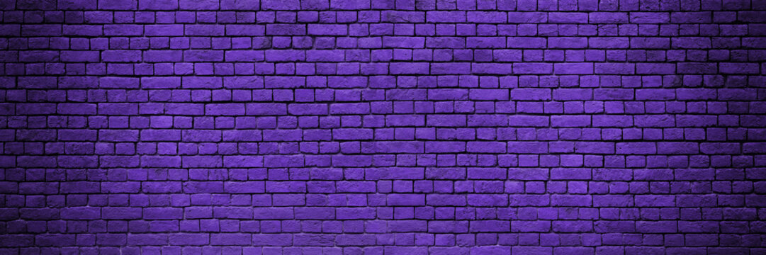 Long Panorama Of Purple Or Lilac Brick Wall With Vignette. Purple Brick Wall As Background To Place Text Or Graffiti. Copy Space And Abstract Web Banner.