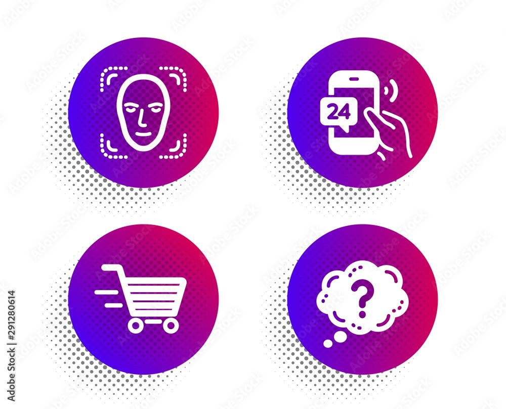 Poster delivery shopping, 24h service and face detection icons simple set. halftone dots button. question m