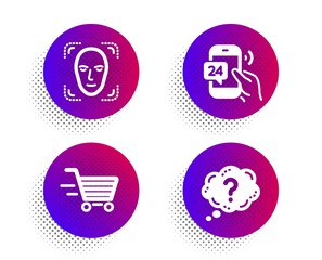 Delivery shopping, 24h service and Face detection icons simple set. Halftone dots button. Question mark sign. Online buying, Call support, Detect person. Quiz chat. Business set. Vector