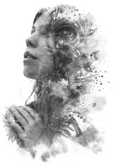 Fototapeta premium Paintography. Double Exposure portrait of a young beautiful woman with hand on chest combined with hand drawn ink and pen drawing
