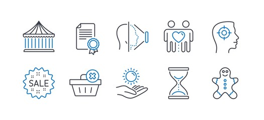 Set of Business icons, such as Sun protection, Time hourglass, Face id, Friends couple, Certificate, Recruitment, Sale, Delete order, Carousels, Gingerbread man line icons. Vector