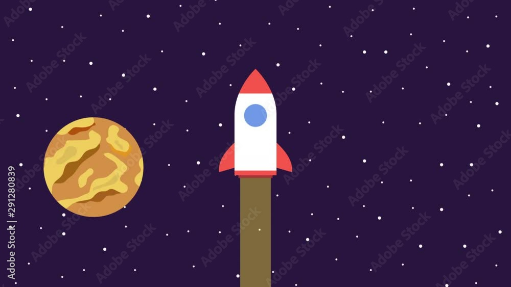 Poster flying cartoon rocket in space. planets, stars and asteroids. startup project concept. appearing wor