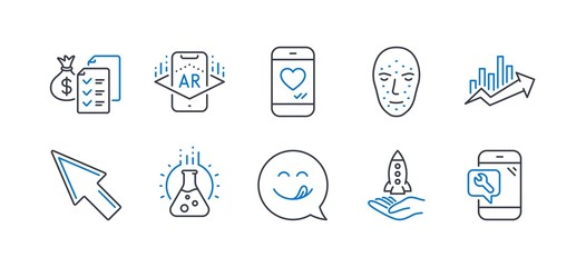 Fototapeta premium Set of Technology icons, such as Augmented reality, Growth chart, Yummy smile, Accounting wealth, Face biometrics, Love chat, Chemistry lab, Crowdfunding, Mouse cursor, Phone repair. Vector