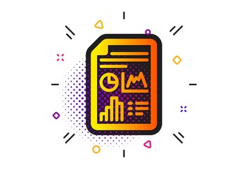 Column graph sign. Halftone circles pattern. Report document icon. Growth diagram, pie chart symbol. Classic flat report document icon. Vector