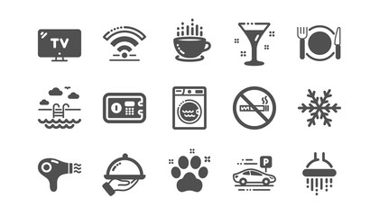 Hotel service icons. Wi-Fi, Air conditioning and Washing machine. Pets, swimming pool and hotel parking icons. Classic set. Quality set. Vector