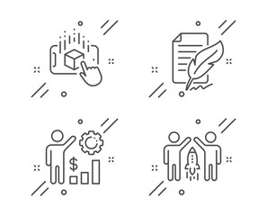 Augmented reality, Feather signature and Employees wealth line icons set. Partnership sign. Phone simulation, Feedback, Results chart. Business startup. Science set. Vector