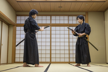 Samurai training in a traditional dojo in Tokyo