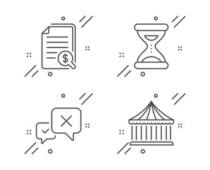 Reject, Financial documents and Time line icons set. Carousels sign. Delete message, Check docs, Clock. Attraction park. Business set. Line reject outline icon. Vector