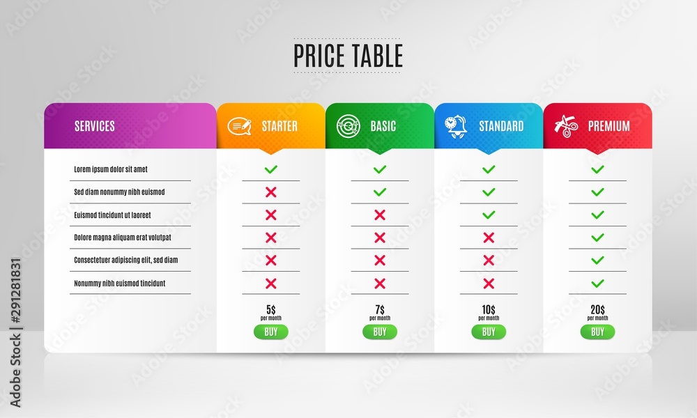 Poster time management, targeting and message icons simple set. pricing table, price list. scissors sign. a