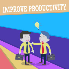 Word writing text Improve Productivity. Business photo showcasing to increase the machine and process efficiency Two White Businessmen Colleagues with Brief Cases Sharing Idea Solution