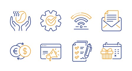 Cogwheel, Mail correspondence and Seo marketing line icons set. Money exchange, Coffee and Wifi signs. Survey checklist, Christmas calendar symbols. Engineering tool, E-mail newsletter. Vector