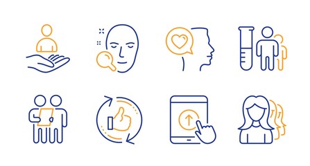 Swipe up, Medical analyzes and Romantic talk line icons set. Refresh like, Face search and Recruitment signs. Survey, Women headhunting symbols. Scrolling screen, Medicine results. Vector