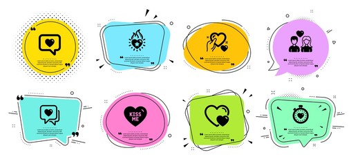 Kiss me, Love message and Heart flame line icons set. Chat bubbles with quotes. Hold heart, Couple love and Heartbeat timer signs. Hearts symbol. Dating service, Romantic relationships. Vector