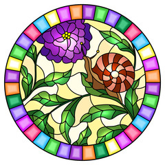 Illustration in stained glass style with  snail and flower   , on the background branches with leaves,oval image in bright frame