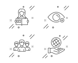 Farsightedness, Woman read and Group line icons set. Safe planet sign. Eye vision, Girl studying, Group of people. Ecology. People set. Line farsightedness outline icon. Vector
