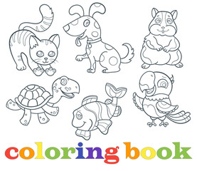 Obraz na płótnie Canvas Set of contour illustrations with Pets, dark outlines on a white background, coloring book