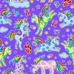 Naklejka na ściany i meble Seamless pattern with funny cartoon unicorns, hearts and stars color patches icons on purple background