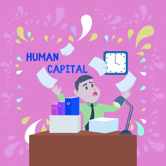 Word writing text Huanalysis Capital. Business photo showcasing Intangible Collective Resources Competence Capital Education Confused Male Employee Manager Cluttered Workspace Overflow Time Shortage