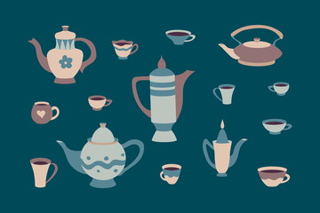 Retro set of cups and teapots in scandinavian style. Cartoon children's cookware collection. Hyugge autumn or winter  teatime vector illustration. Sweet home vintage background