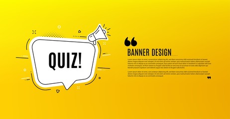 Quiz symbol. Yellow banner with chat bubble. Answer question sign. Examination test. Coupon design. Flyer background. Hot offer banner template. Bubble with quiz text. Vector