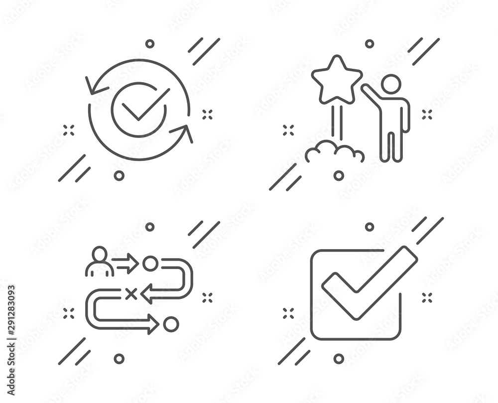 Poster journey path, approved and star line icons set. checkbox sign. project process, refresh symbol, laun