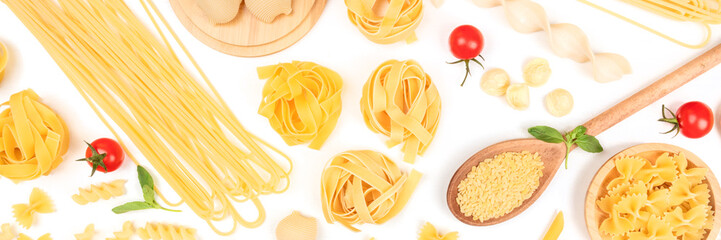 A panorama of Italian pasta on a white background. A banner with spaghetti, pappardelle, orzo, farfalle and other types, with tomatoes and basil