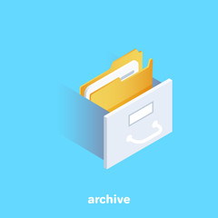 isometric vector image on a blue background, business concept, folder with documents in a sliding archive shelf
