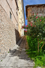 Fototapeta na wymiar A narrow street between old buildings in the medieval town of Alvito, in the Lazio region of Italy