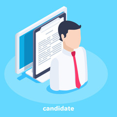 isometric vector image on a blue background, business concept, man near resume and computer, job candidacy