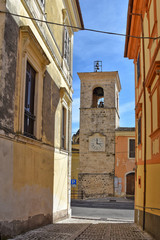 A narrow street between old buildings in the medieval town of Alvito, in the Lazio region of Italy