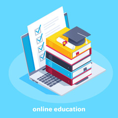 isometric vector image on a blue background,  high pile of books on which lies the bachelor's cap, the desire to get an education