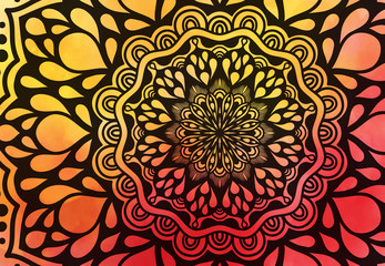 Abstract mandala graphic design and watercolor digital art painting for ancient geometric concept background