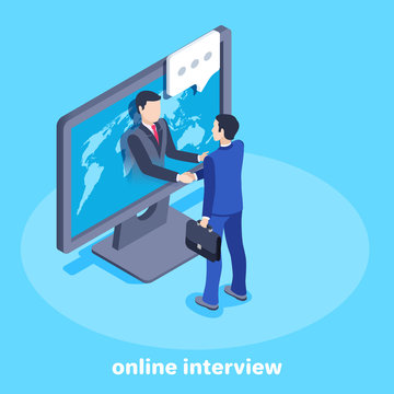 isometric vector image on a blue background, business concept, a man in a business suit shakes hands with another man on a computer screen, online interview