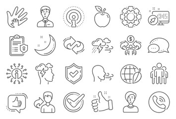 Check mark, Sharing economy and Mindfulness stress, Breath people line icons. Privacy Policy, Social Responsibility, Breath icons. Bad weather, Tick check mark, sharing refer, stress. Vector